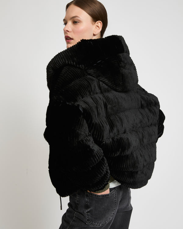 Short hooded down jacket in technical fabric reversible ribbed rex rabbit fur - black - Yves Salomon