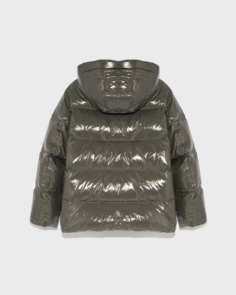 Hooded down jacket in shiny laminated nylon - grey - Yves Salomon