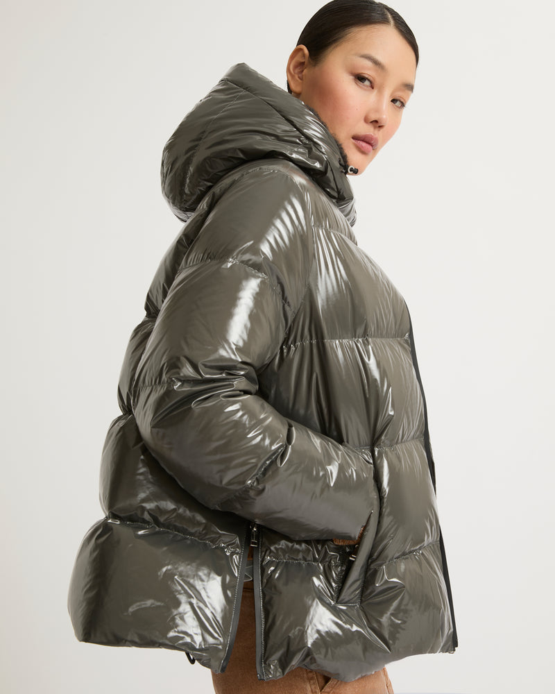 Hooded down jacket in shiny laminated nylon - grey - Yves Salomon