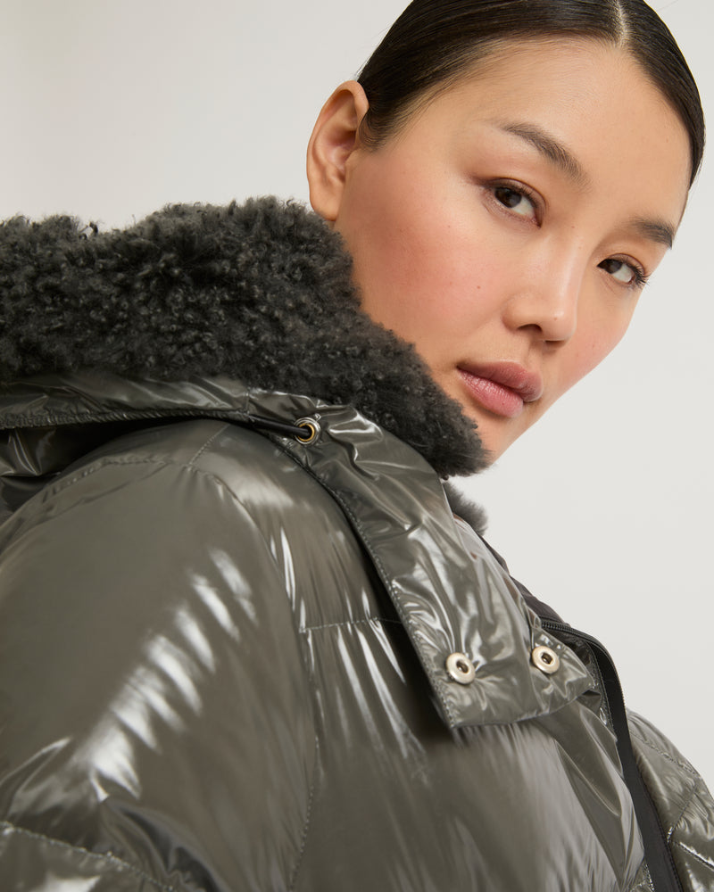 Hooded down jacket in shiny laminated nylon - grey - Yves Salomon