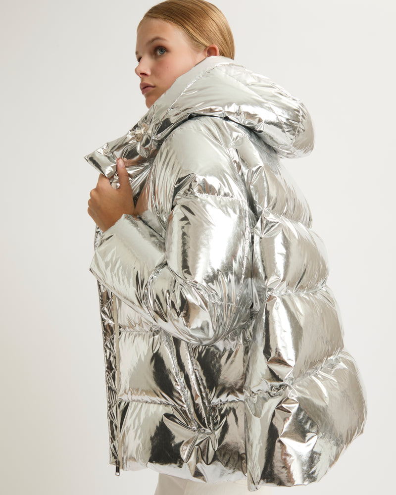 Hooded down jacket in shiny laminated nylon - silver - Yves Salomon