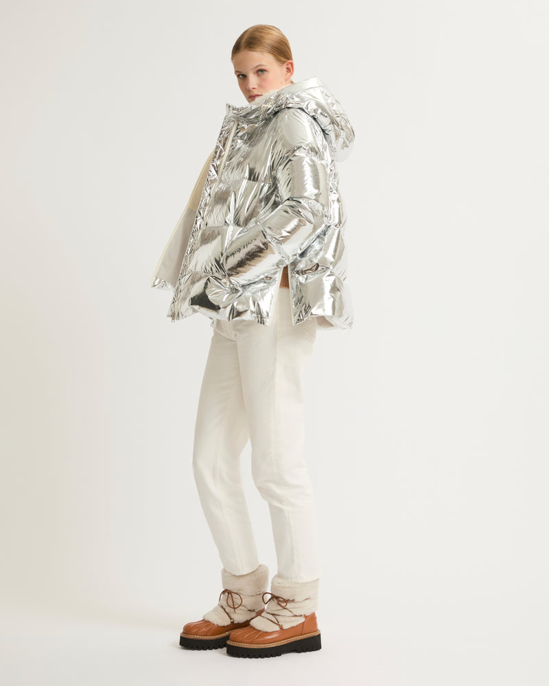 Hooded down jacket in shiny laminated nylon - silver - Yves Salomon