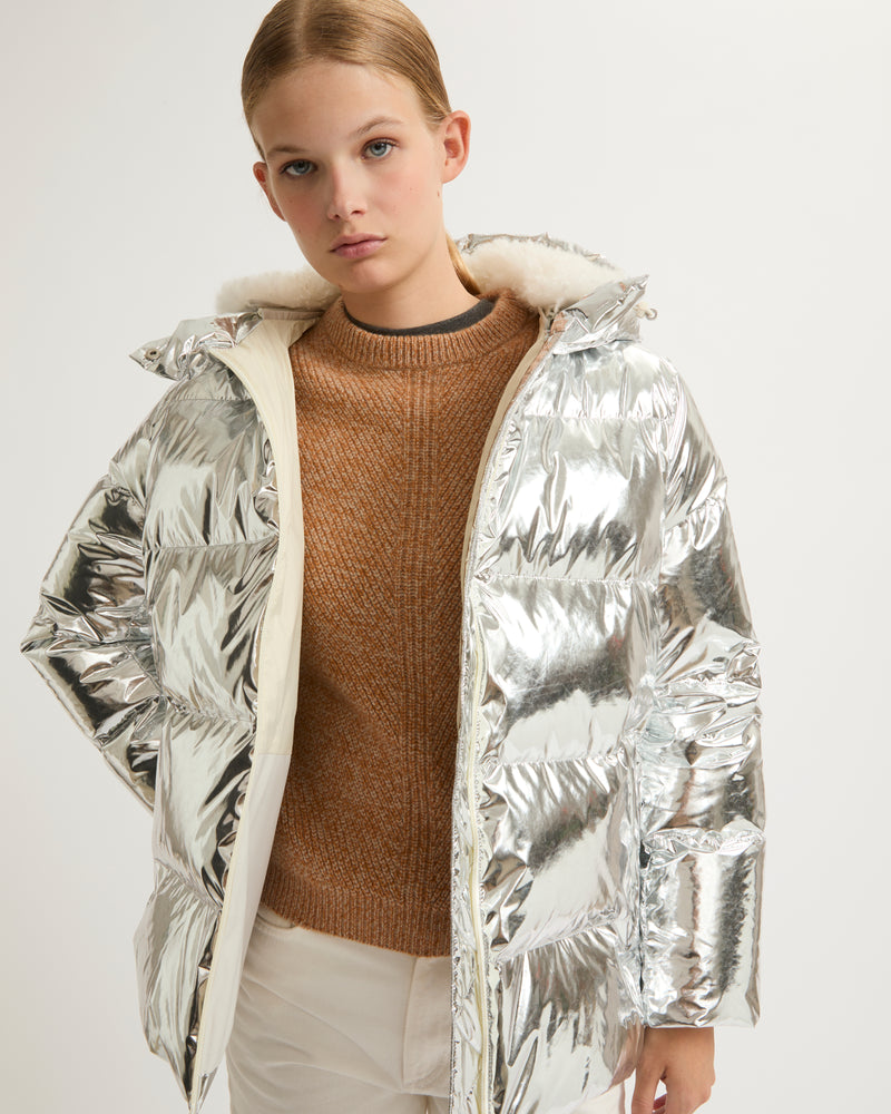 Hooded down jacket in shiny laminated nylon - silver - Yves Salomon