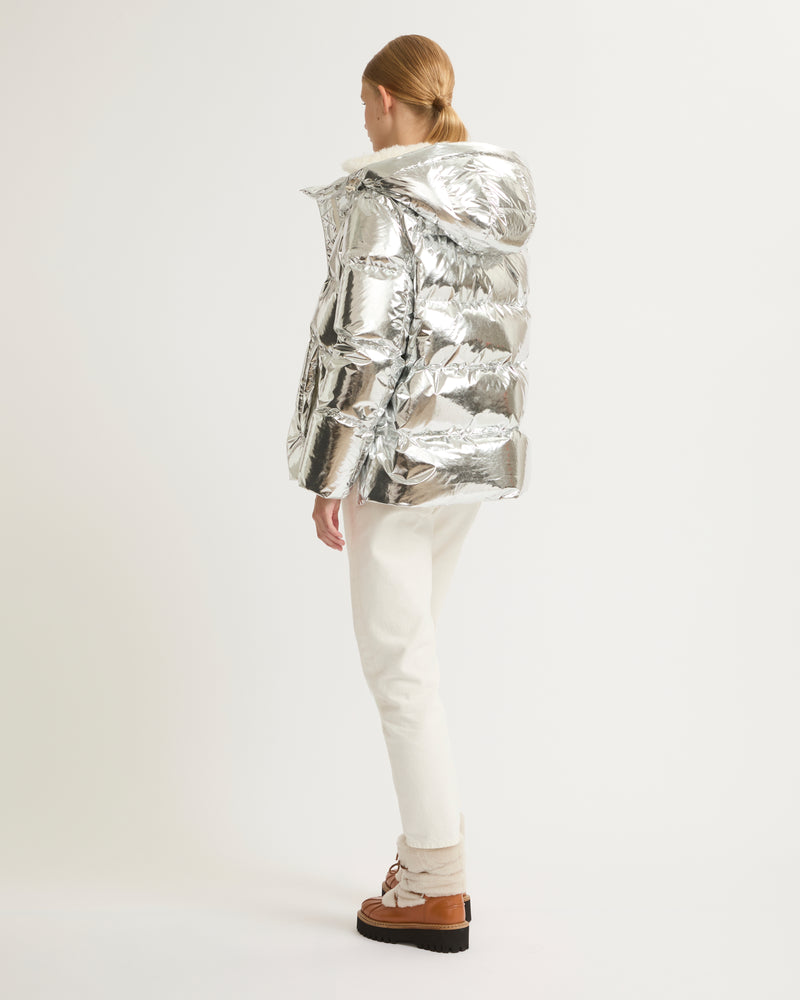 Hooded down jacket in shiny laminated nylon - silver - Yves Salomon