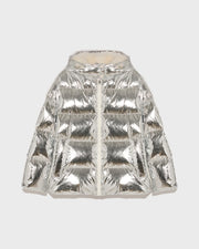 Hooded down jacket in shiny laminated nylon