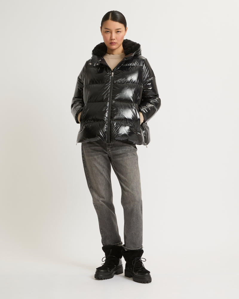 Hooded down jacket in shiny laminated nylon - black - Yves Salomon