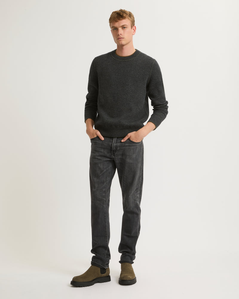 Two-tone reversible crew neck jumper in wool-cashmere knit - grey/ khaki - Yves Salomon