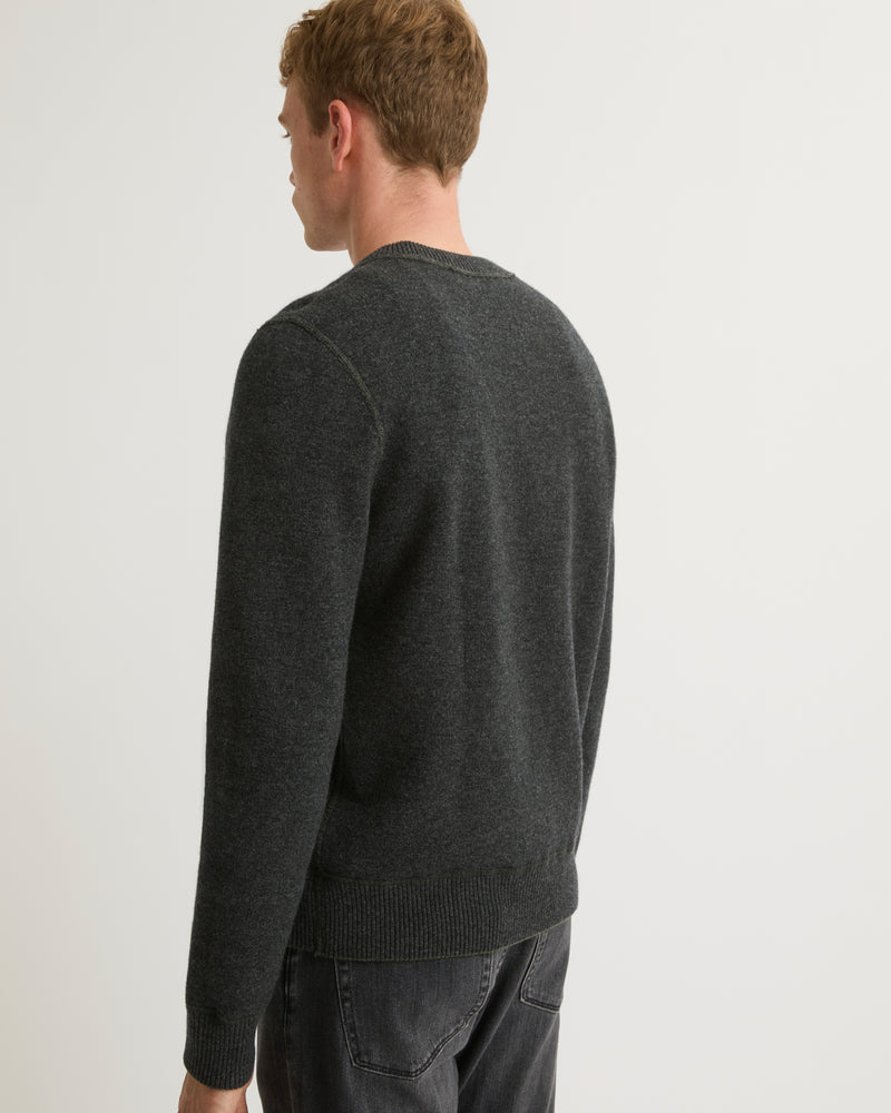 Two-tone reversible crew neck jumper in wool-cashmere knit - grey/ khaki - Yves Salomon