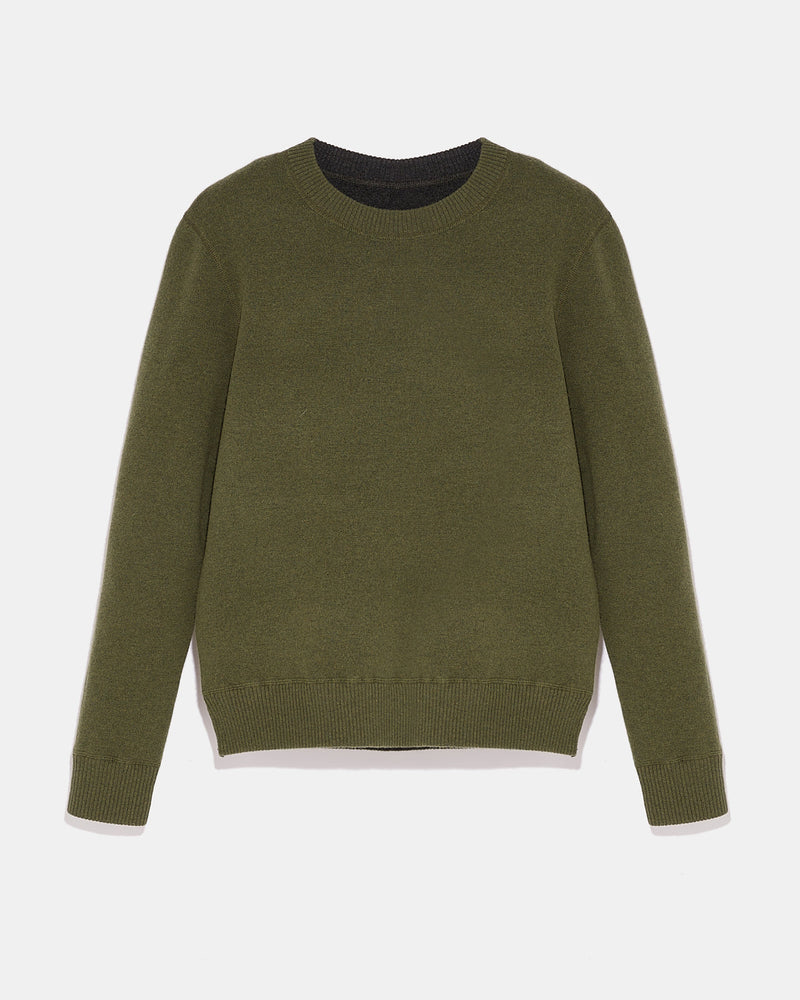 Two-tone reversible crew neck jumper in wool-cashmere knit - grey/ khaki - Yves Salomon