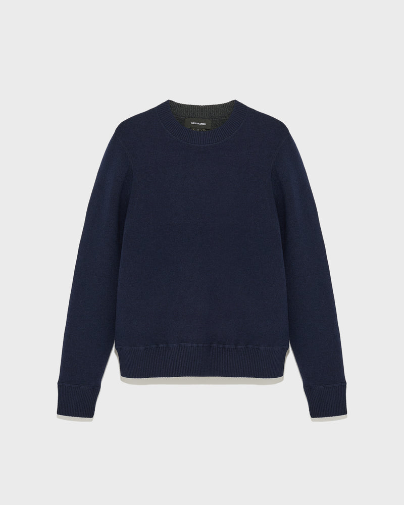 Two-tone reversible crew neck jumper in wool-cashmere knit - navy - Yves Salomon