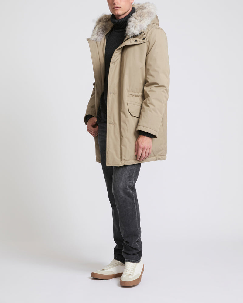 Cotton-blend iconic parka with coyote fur trim