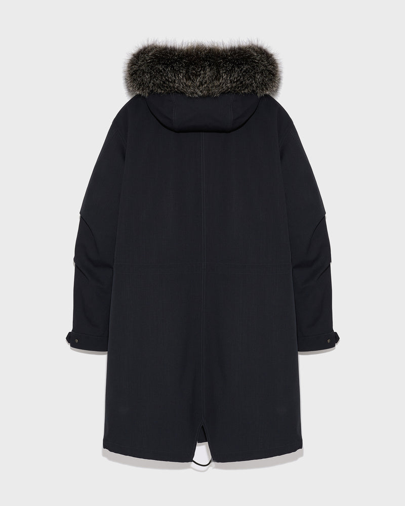 Fishtail parka in technical wool and fur - navy - Yves Salomon