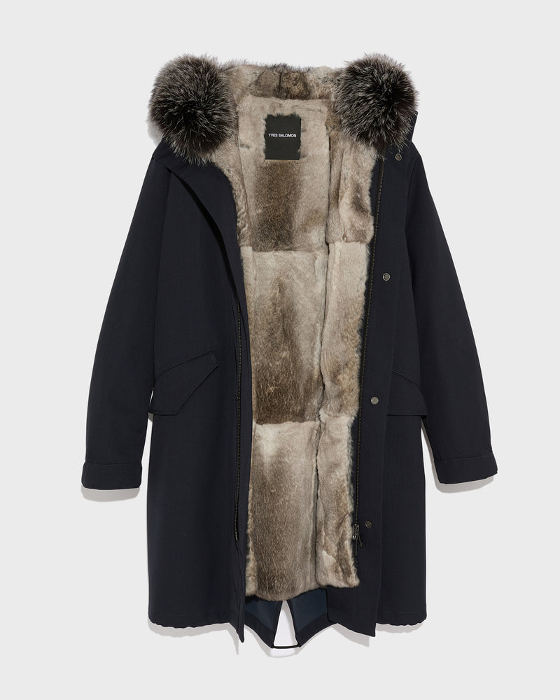 Fishtail parka in technical wool and fur - navy - Yves Salomon