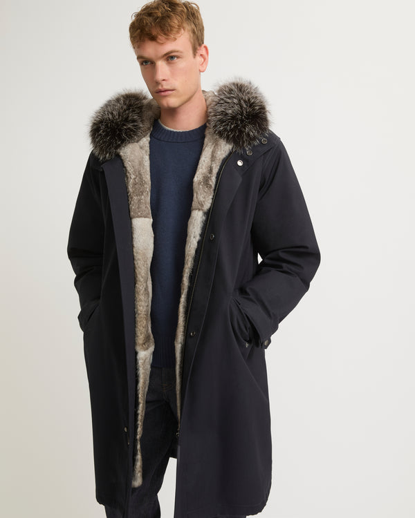 Fishtail parka in technical wool and fur - navy - Yves Salomon