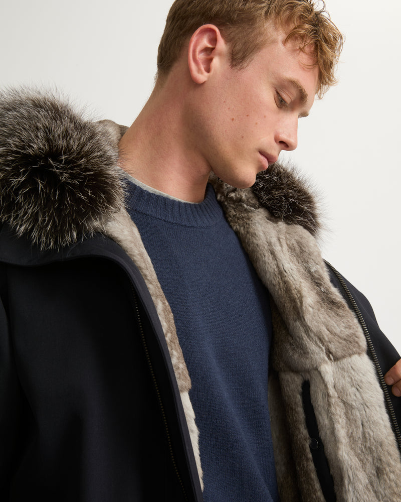 Fishtail parka in technical wool and fur - navy - Yves Salomon