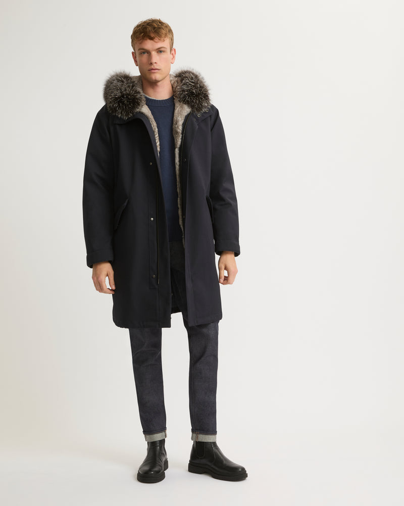 Fishtail parka in technical wool and fur - navy - Yves Salomon