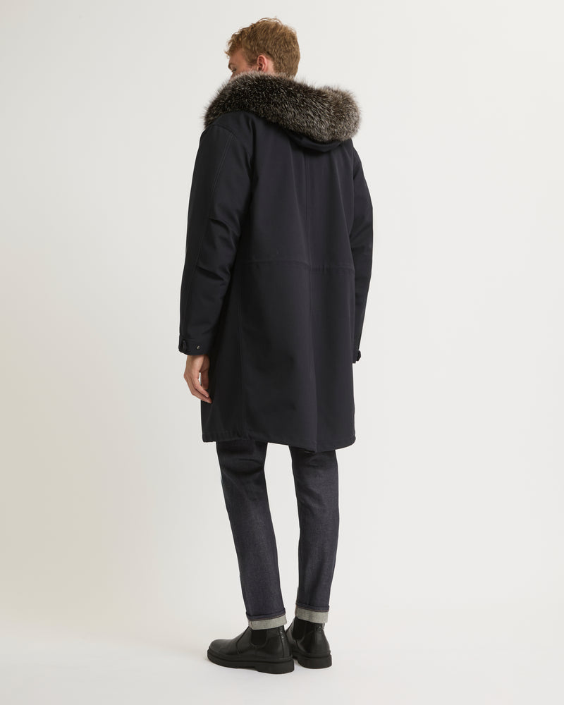 Fishtail parka in technical wool and fur - navy - Yves Salomon