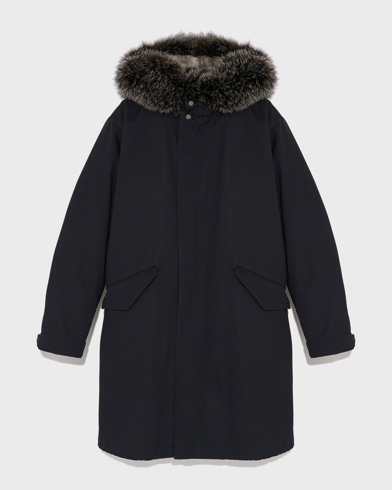 Fishtail parka in technical wool and fur - navy - Yves Salomon