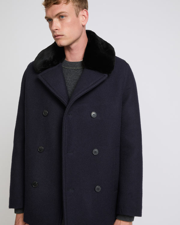 Woollen fabric pea coat with shearling collar - navy