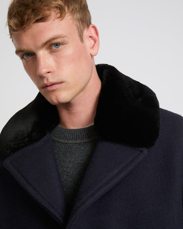 Woollen fabric pea coat with shearling collar