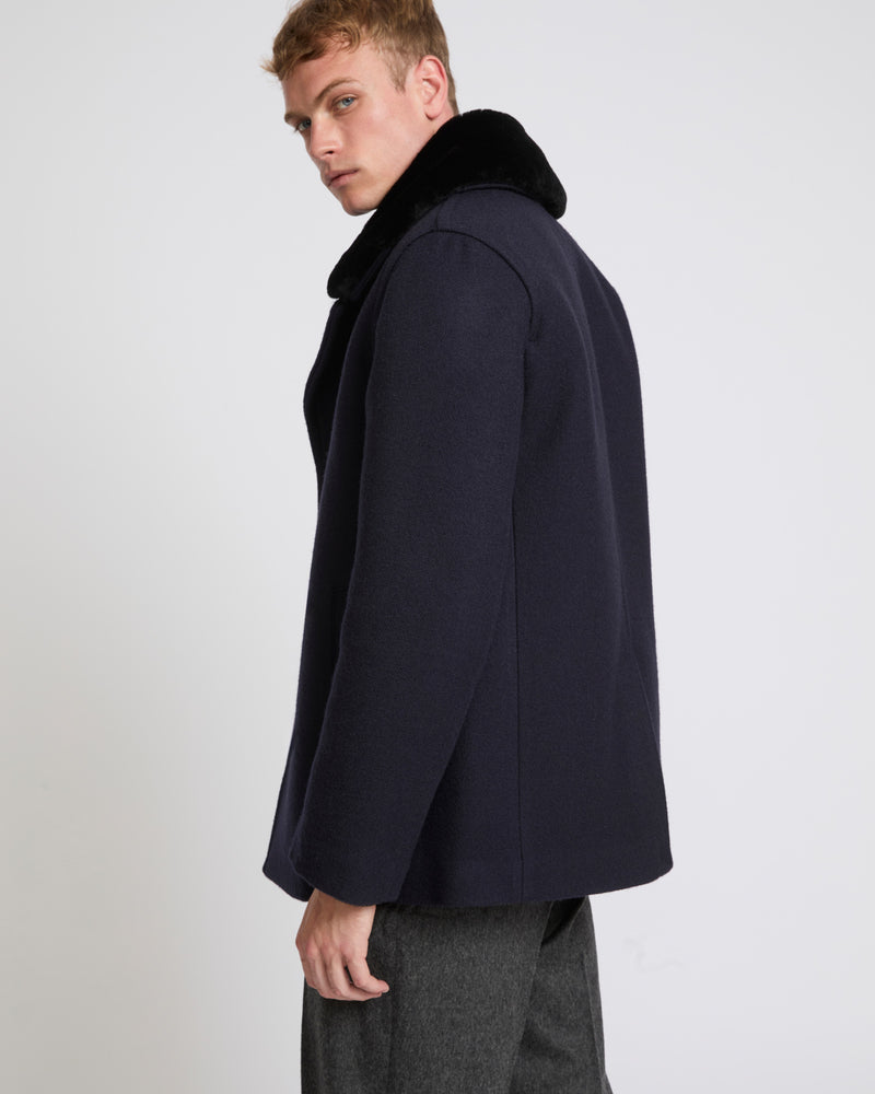 Woollen fabric pea coat with shearling collar - navy - Yves Salomon