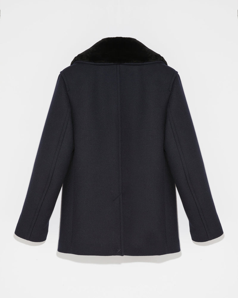 Woollen fabric pea coat with shearling collar - navy - Yves Salomon