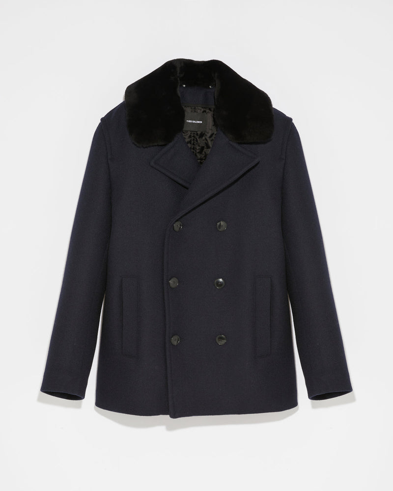 Woollen fabric pea coat with shearling collar - navy - Yves Salomon