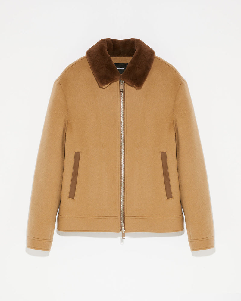 Zipped jacket in double-sided wool-cashmere fabric with mink collar - camel - Yves Salomon