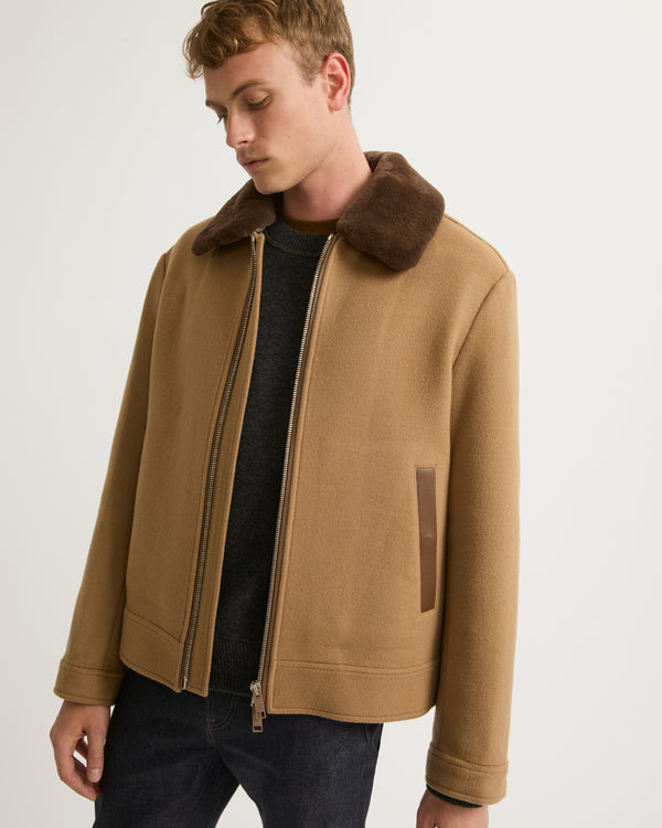 Zipped jacket in wool-cashmere fabric with mink - toast - Yves Salomon