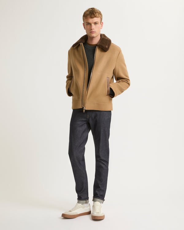 Zipped jacket in double-sided wool-cashmere fabric with mink collar - camel - Yves Salomon