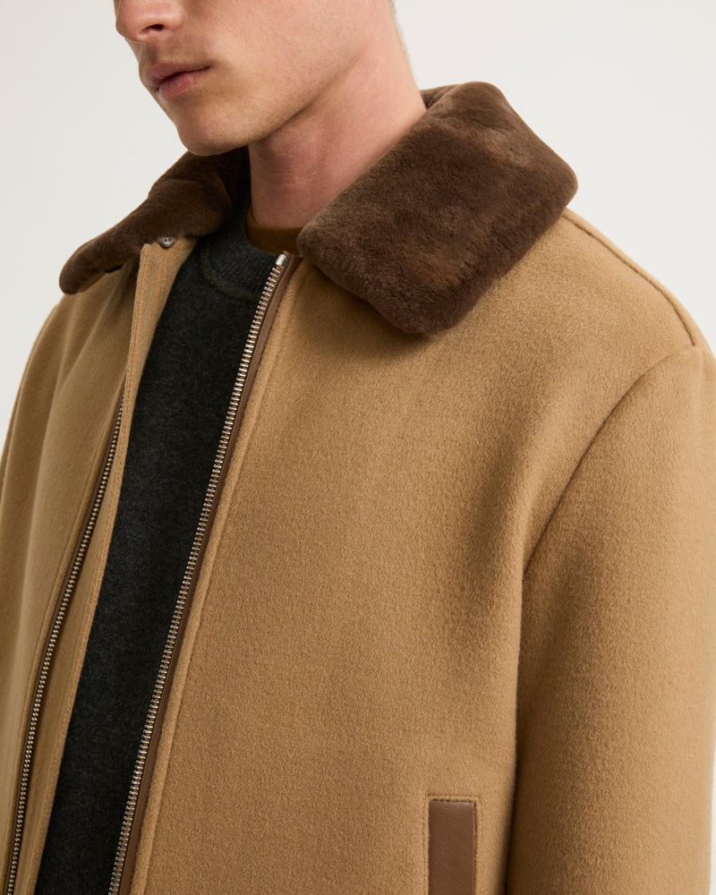 Zipped jacket in wool-cashmere fabric with mink - toast - Yves Salomon