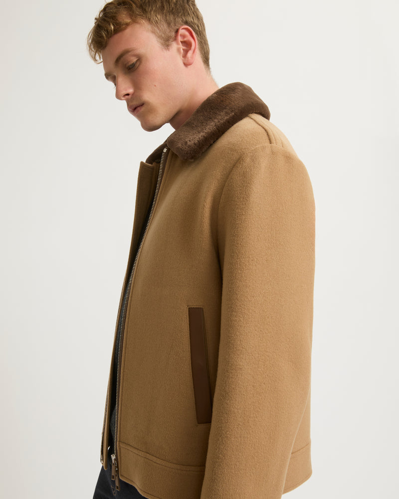 Zipped jacket in double-sided wool-cashmere fabric with mink collar - camel - Yves Salomon