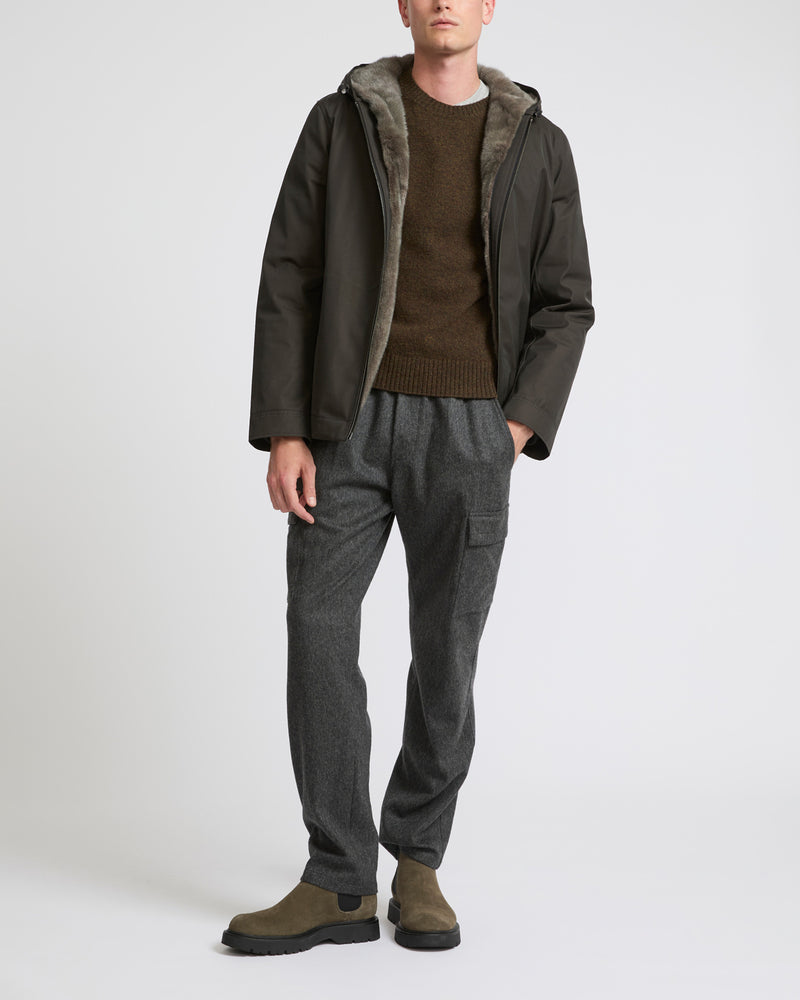 Hooded jacket in technical gabardine and mink fur