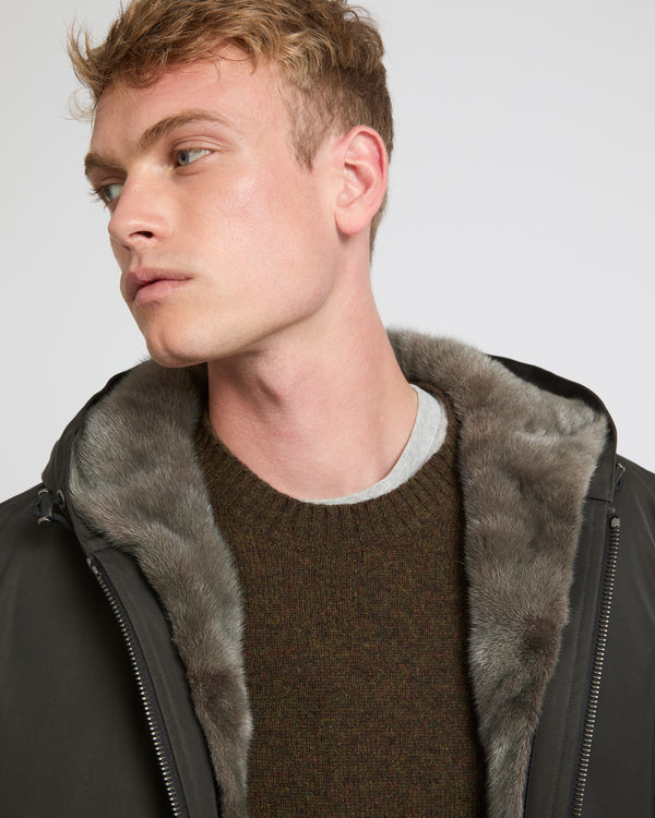 Hooded jacket in technical gabardine and mink fur