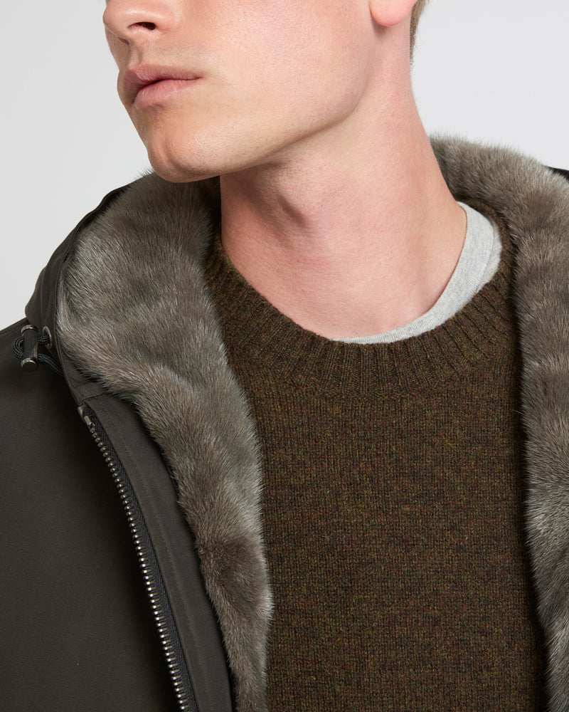 Hooded jacket in technical gabardine and mink fur