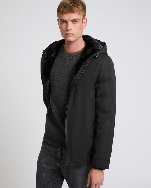 Hooded jacket in technical gabardine and mink fur - black - Yves Salomon