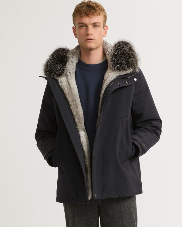 Short parka in technical wool and fur