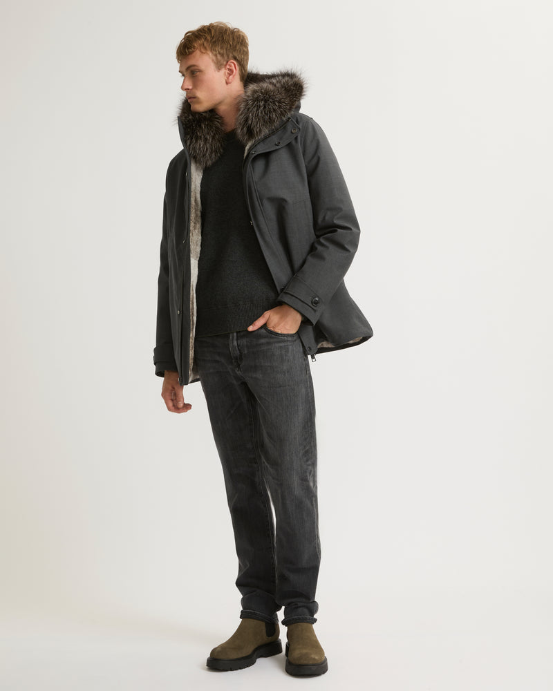 Short parka in technical wool and fur - grey - Yves Salomon