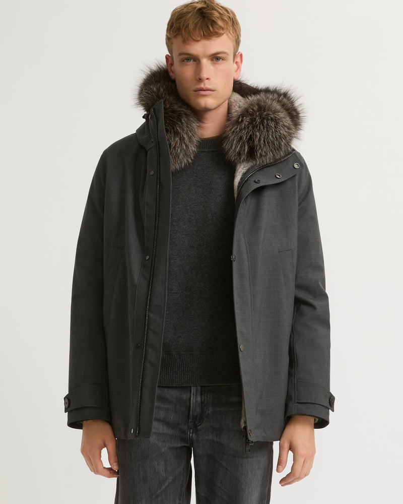 Short parka in technical wool and fur - grey - Yves Salomon