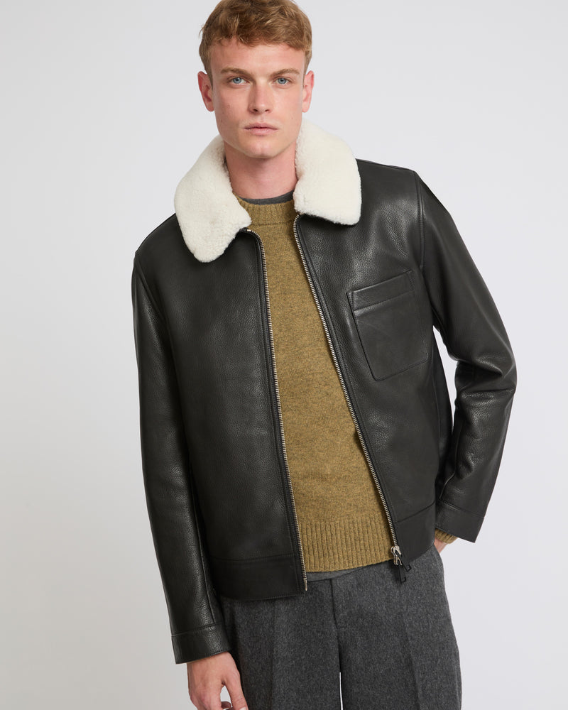 Leather jacket with shearling collar - black - Yves Salomon