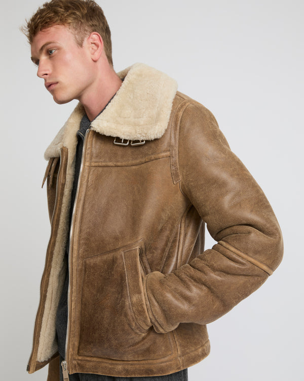 Bomber jacket in aviator merino shearling - brown/white