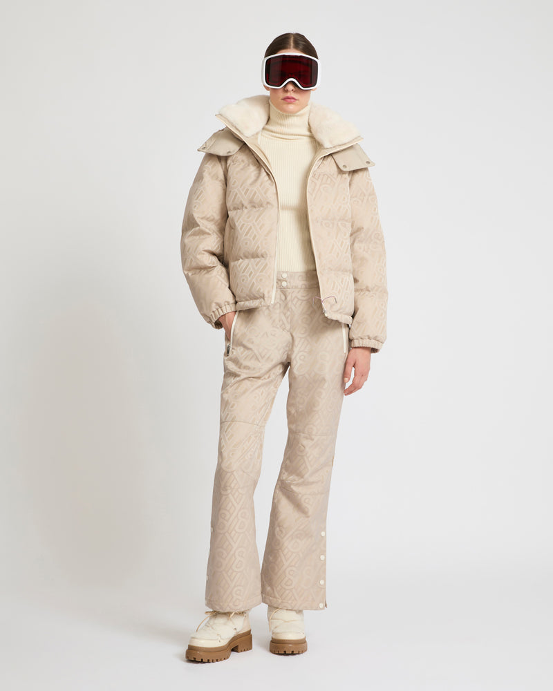 Short skiwear down jacket with mink trim - khaki monogram - Yves Salomon