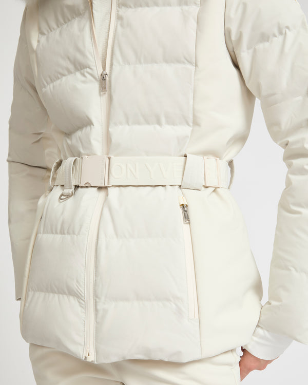 Mixed fabric belted skiwear jacket with fox fur trim - white - Yves Salomon