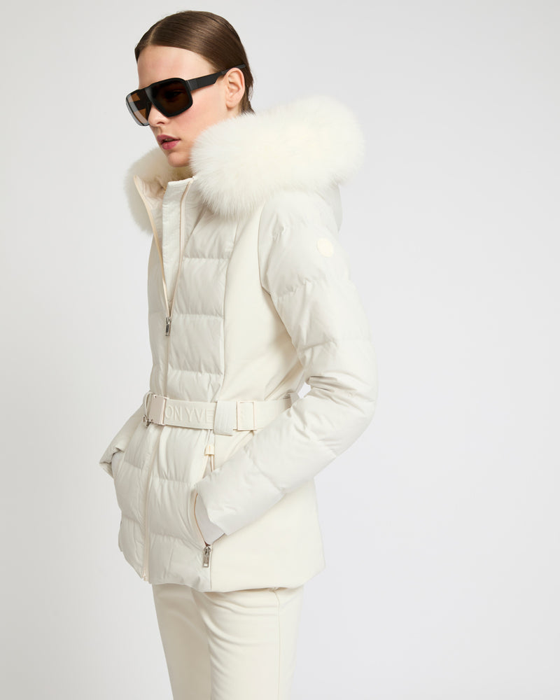 Mixed fabric belted skiwear jacket with fox fur trim - white - Yves Salomon