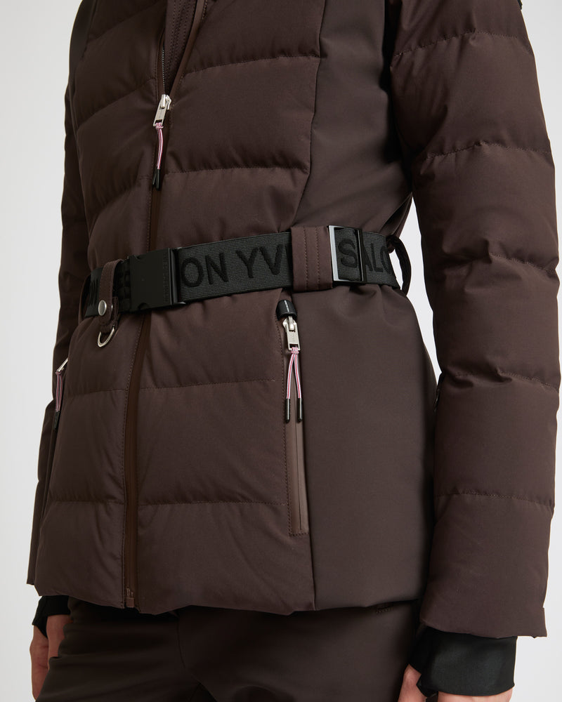 Mixed fabric belted skiwear jacket with fox fur trim - brown - Yves Salomon