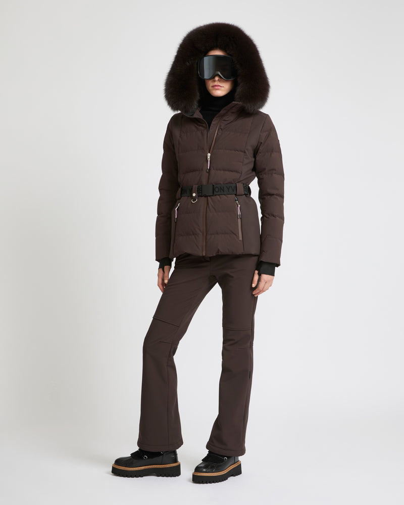 Mixed fabric belted skiwear jacket with fox fur trim - brown - Yves Salomon