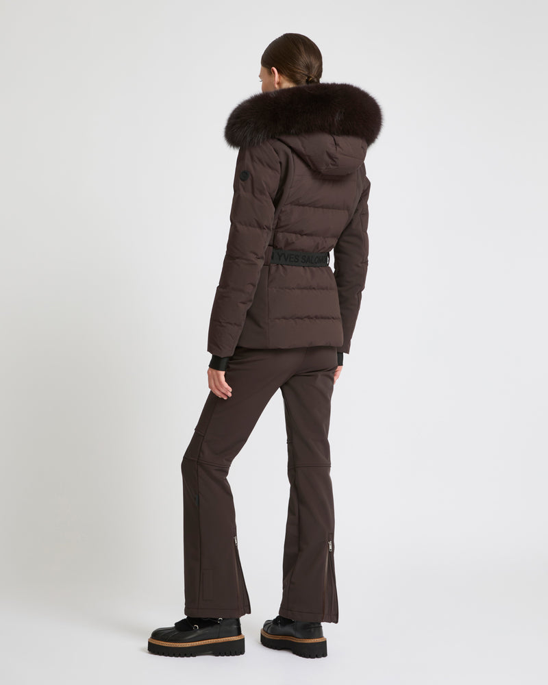 Mixed fabric belted skiwear jacket with fox fur trim - brown - Yves Salomon