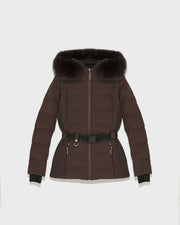 Mixed fabric belted ski jacket with fox fur trim