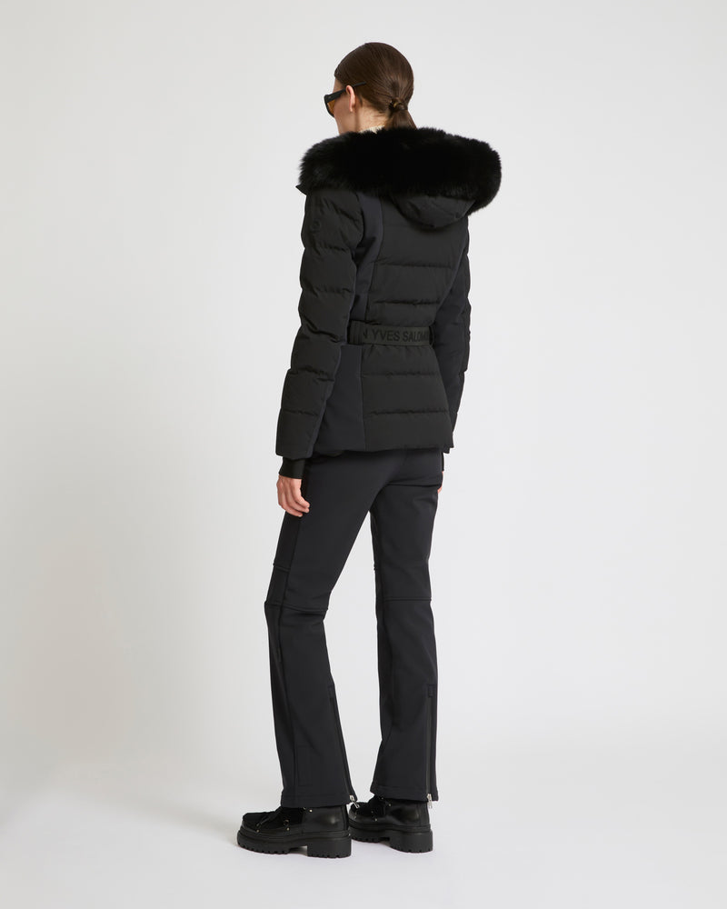 Mixed fabric belted skiwear jacket with fox fur trim - black - Yves Salomon