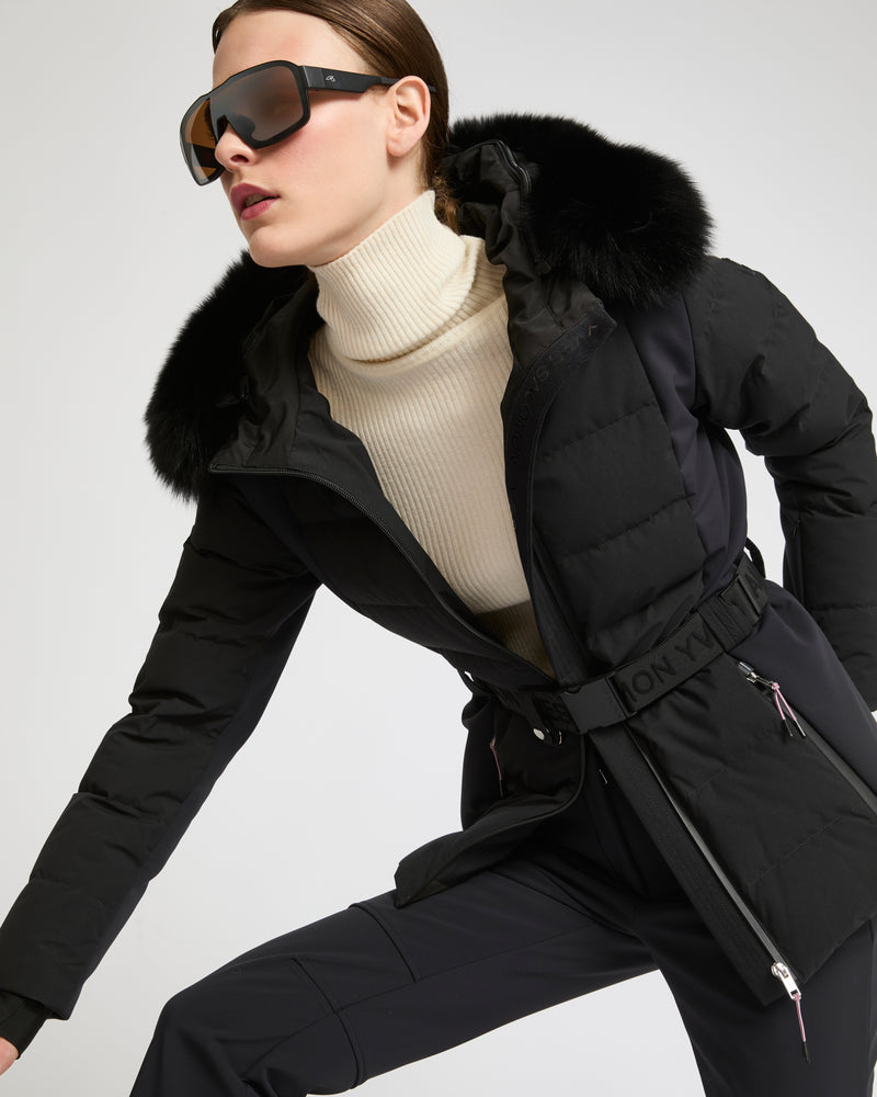 Mixed fabric belted ski jacket with fox fur trim